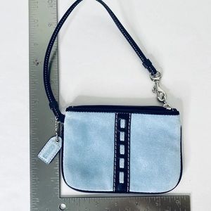 Coach Baby Blue Suede & Black Leather Trim Handle Small Wristlet Bag Wallet